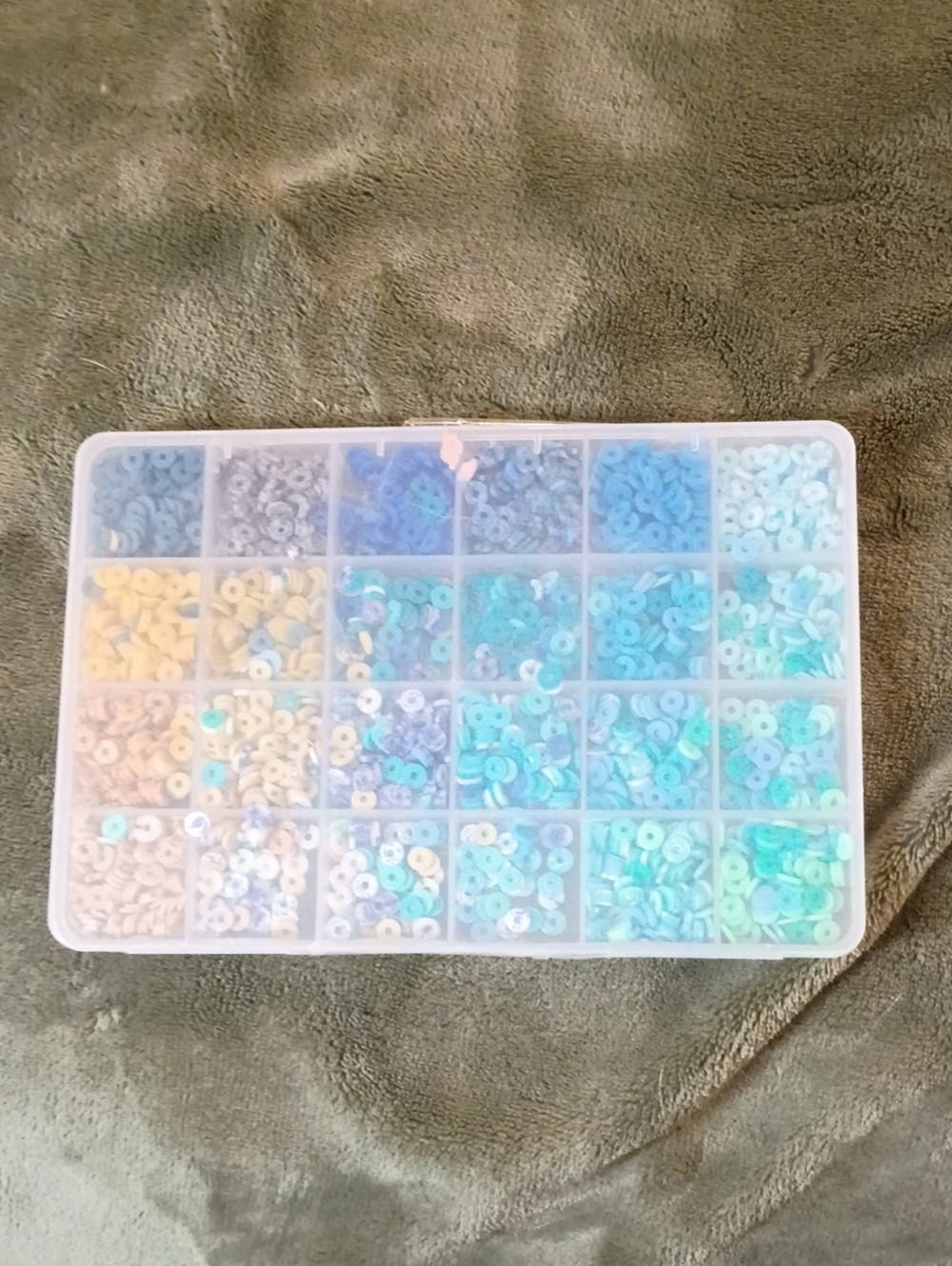 Multi-Compartment Plastic Storage Box with Assorted Blue and White Beads Heishi